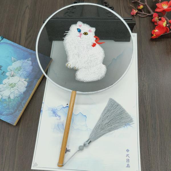 Y-Z Chinese Round Shape Hanfu Fabric Fan Wood Handle with Tassel Hand Embroidered Ancient Silk Fan