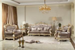 Cheap French style Luxury design of Living room Sofa sets 1+2+3  used Beech wood Carving and Import Italy Leather Furniture wholesale