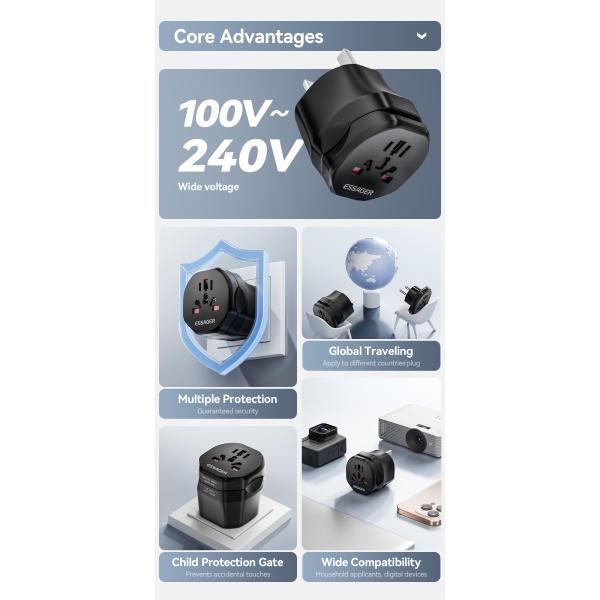 Black Travel Power Adapter ESSAGER WL-033-WL-09 Series EU UK to Universal UK to EU