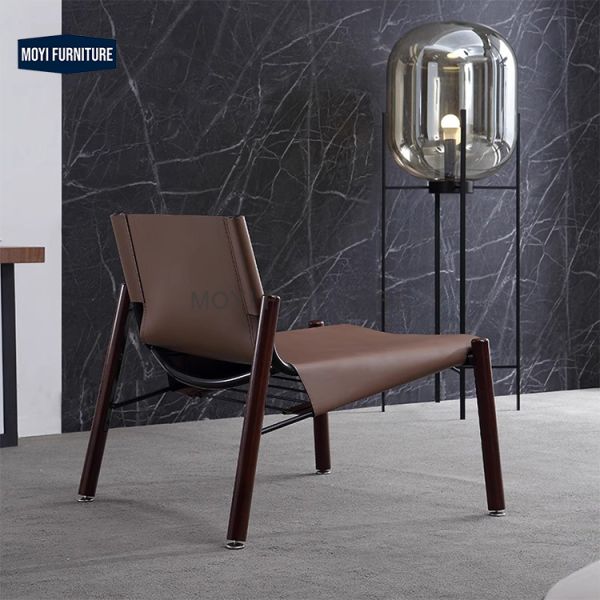 Apartment Chic MOYI Design Leisure Brown Leather Metal Chair Frames Luxury Solid Wooden Living Room Chairs Surface Carpet