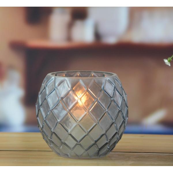 8" Grey Embossed Fence Pattern Glass Candle Holders