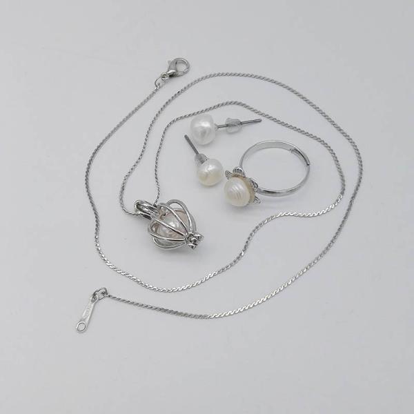 Wish Pearl Gift 3PCS Sets Pearl Jewelry with Earrings,Ring and Cage Pendant & Chain Necklace