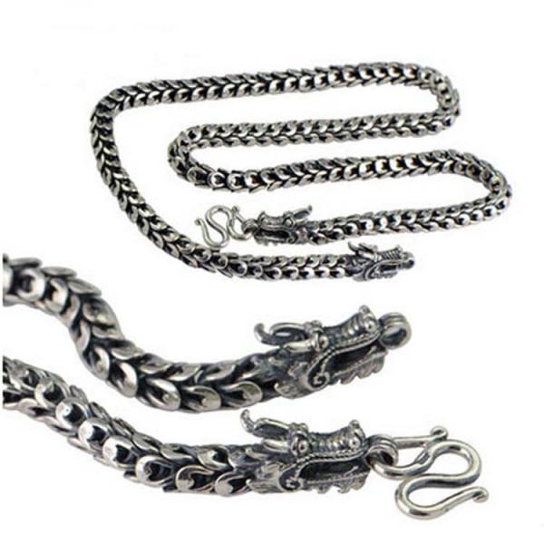 Mens Retro Vintage Dragon Sterling Silver Chain Necklace 24 inches (041558)