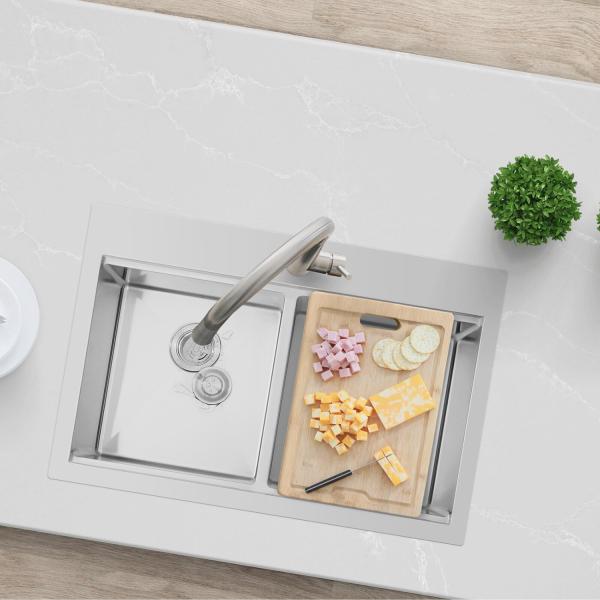 FOOK SINK Handmade Top Mount 304 Stainless Steel Double Bowl Kitchen Sink with Ledge