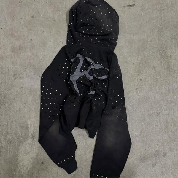 Embroidery Patch Logo Streetwear Mens Hoodies Rhinestone Hooded Sweatshirt