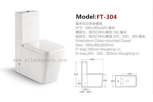 Sanitary Ware Bathroom Washdown Two piece Toilet with 10cm/4inch diameter outlet Ceramic Toilets