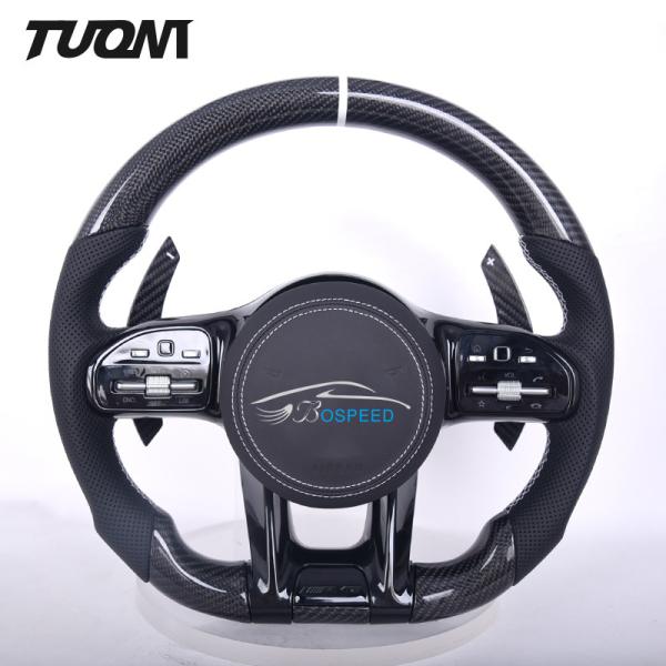 White Stripe Black Perforated Leather Mercedes Steering Wheel Carbon Fiber