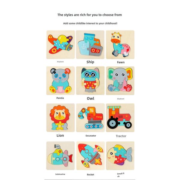 Cartoon Laser Cut 3d Wood Anime Puzzle Children Educational 3d Traffic Shape Matching Animal Puzzle Toy