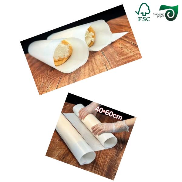 FSC 40gsm 50gsm Jumbo Roll Grease Proof Paper With Easy Slip Property Kit Sizes 3 5 7
