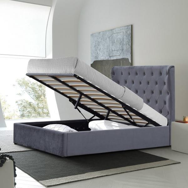 Upholstered Gas Lift, Wooden Platform Bed with Hydraulic Storage System