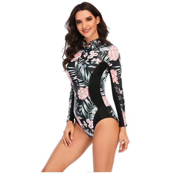 Stand Collar Womens Zipper One Piece Swimsuit Long Sleeve Printed Customized