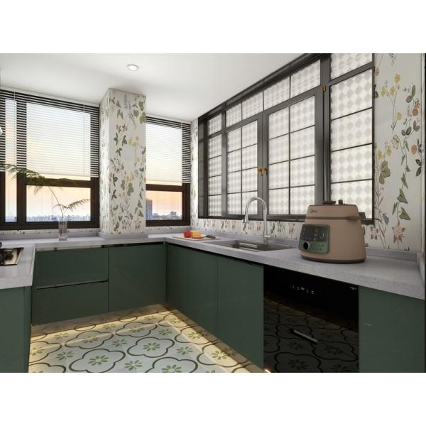 U-Shaped Stainless Steel Kitchen Cabinet With Elegant Green Finish