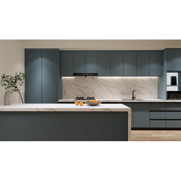 Sleek Cohesive Modern Kitchen Cabinet With Blue Grey Grill Panel Design