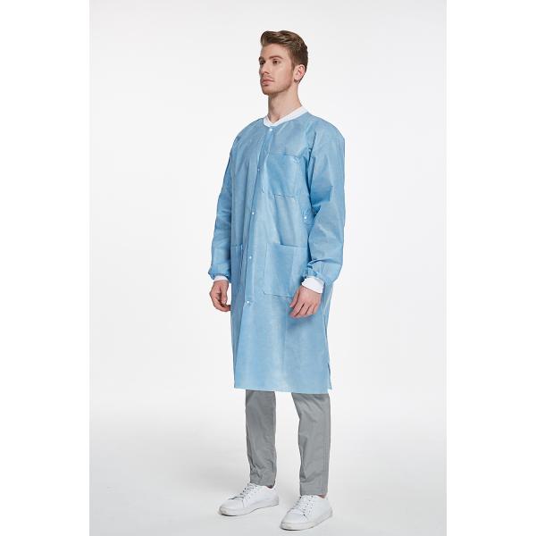 High Performance Premium Quality SMS Disposable Lab Coat With Knitted Cuffs and Collar Light Blue