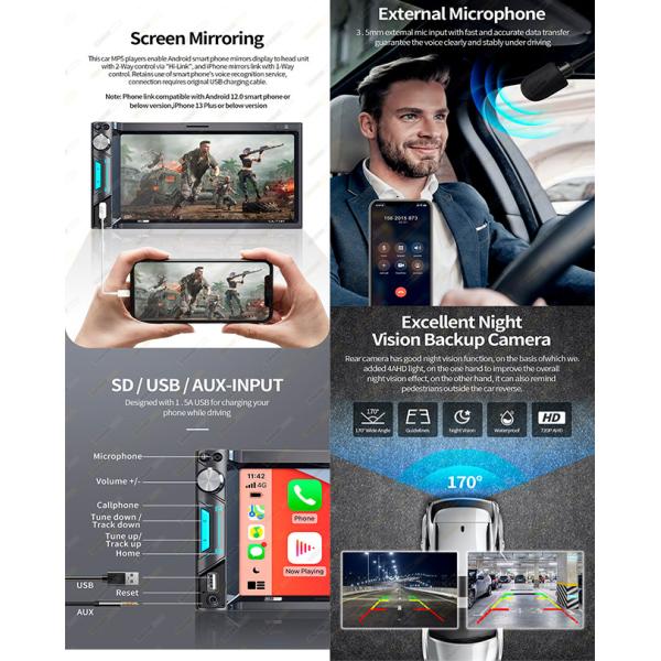 2Din MP5 Car Stereo Carplay 7 Inch Universal Touch Screen MP5 Car Stereo Wince System