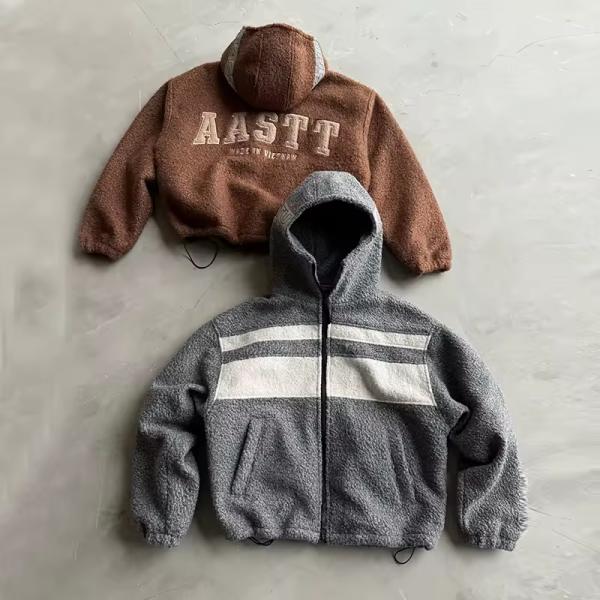Custom Fashion Mock Neck Fleece Warm Zip up Jacket Winter Outdoor Streetwear Oversized Chenille Embroidery logo Sherpa Jacket