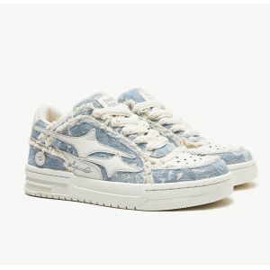 Cheap Custom Women Leather Sneaker Round Toe Canvas Denim Sneakers wholesale