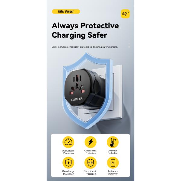 Black Travel Power Adapter ESSAGER WL-033-WL-09 Series EU UK to Universal UK to EU