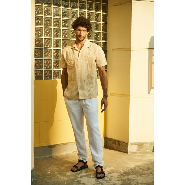 Ramie Men'S summer Short Sleeve Cuban Dress Apricot Loose