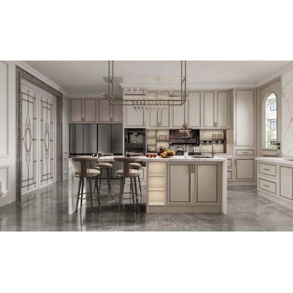 Chic Elegant Beige Modern Kitchen Cabinet With Opulent White Marble Stainless Steel