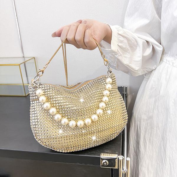 New pearl handle imitation full diamond handbag shoulder bag Cross-border explosive party dinner bag fashion shoulder