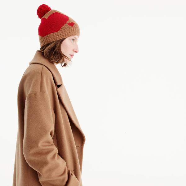 Women ' S Heart Jacquard Knitted Pom Pom Hat 100 Percent Cashmere Material