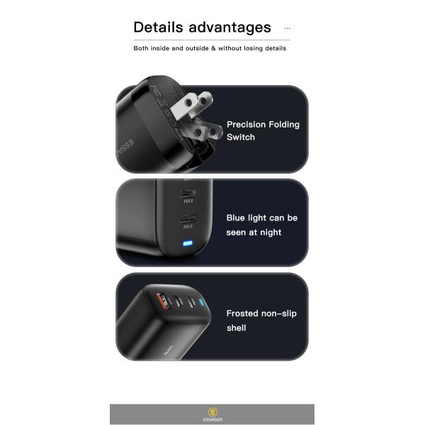 Travel GaN PD Wall Charger 65w 3 USB Port USB A Type C Fast Charging