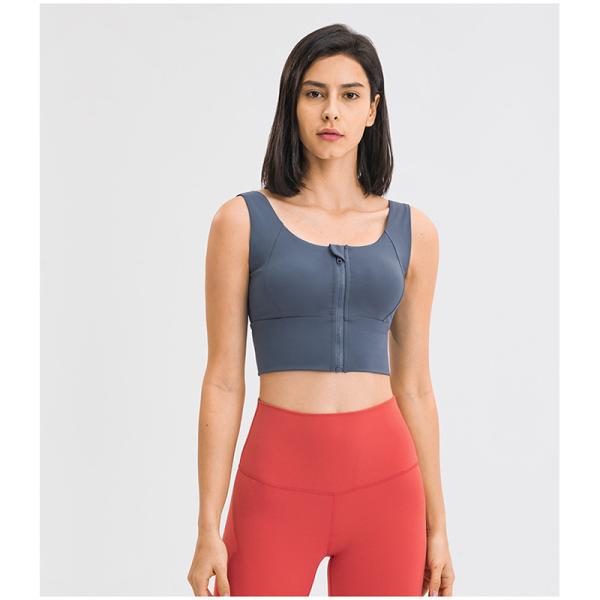 Blue Grey Gathered Women's Sports Bra Front Zip Shockproof Gym Running Fitness Crop Top