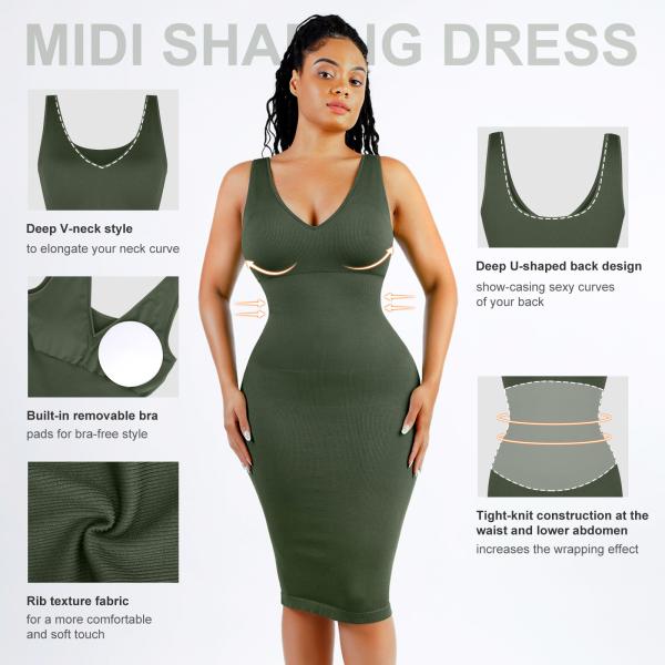 2024 Women's Elegant Casual Style Midi Shapewear Dress with Removable Pads