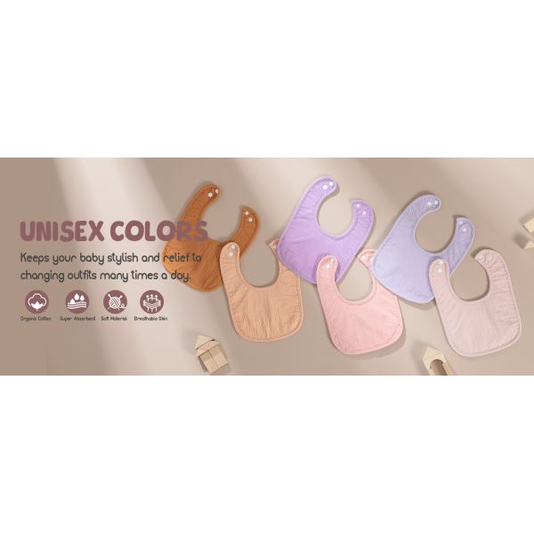 6-Pack Muslin Baby Bibs for Unisex Boys Girls, Cotton Baby Drooling and Teething Bibs