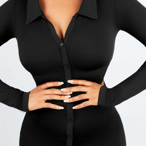 Seamless Waist Trimming Retro Long Sleeve Shirt Dress With Built In Shapewear Body Shaper For Women