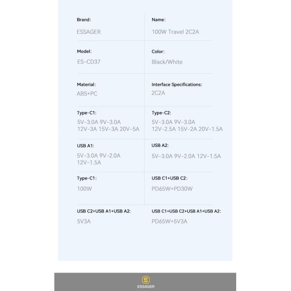 ESSAGER ES-CD37 USB A USB C GaN Chargers PD 100W