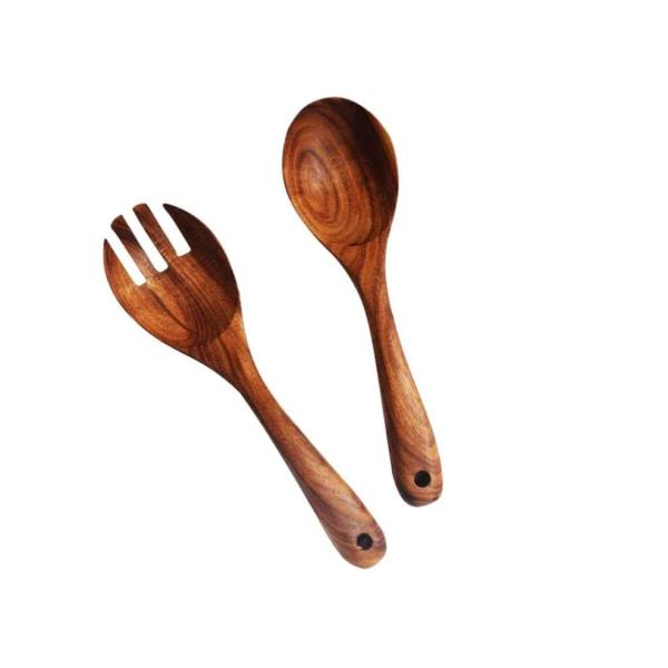 Solid Acacia Wood Cooking Utensil Set Large Salad Spoon And Fork Set