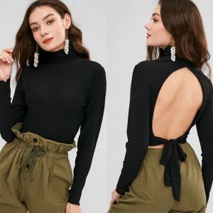 Buy cheap Blank Open Back Long Sleeve Ribbed Turtleneck Crop Top from wholesalers