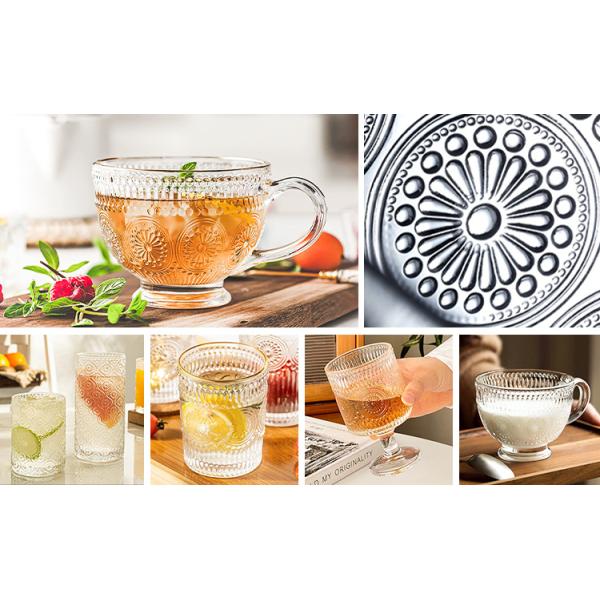 Factory Direct Retro Embossed Coffee Crystal Clear Glass Cup