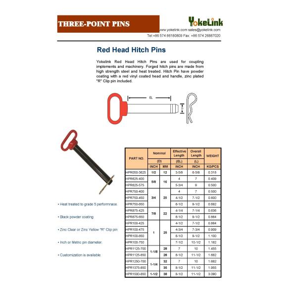 Heavy Duty Hitch Pins With Big Red Handle Fits Universal Tractor