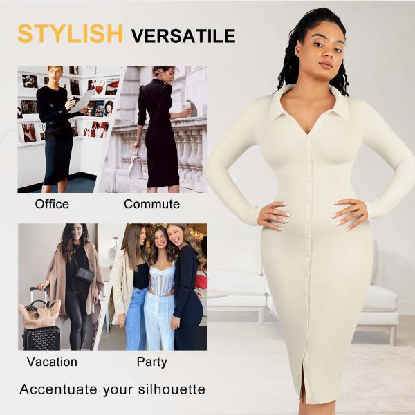 Seamless Waist Trimming Retro Long Sleeve Shirt Dress With Built In Shapewear Body Shaper For Women