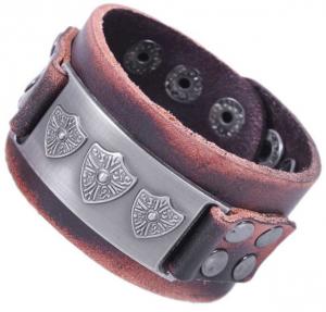 Cheap Shield charm leather cuff with dots studs, men leather bracelets wholesale