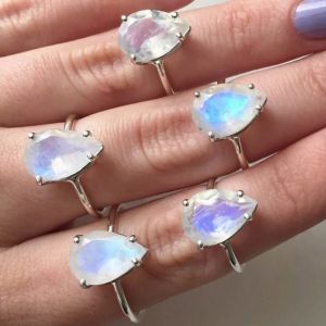 Oval Rainbow Moonstone Ring Cabochon Cut Moonstone Engagement Women Jewelry