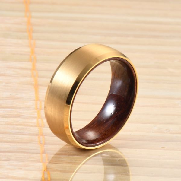 TRENDY Style 8mm 18K Gold Plating Tungsten Carbide Ring Wood Wedding Band with Rosewood Inner Beveled Edge Comfort Fit