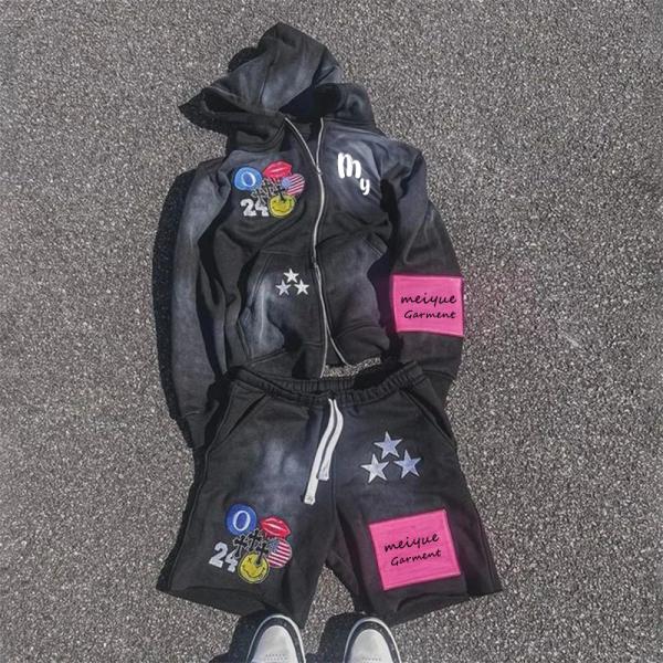 Custom Zip up Jacket Acid Wash Vintage Zipper Hoodie Sun Faded Shorts Sweatsuits Unisex Sets Zip up Hoodie and Short Jogger Set