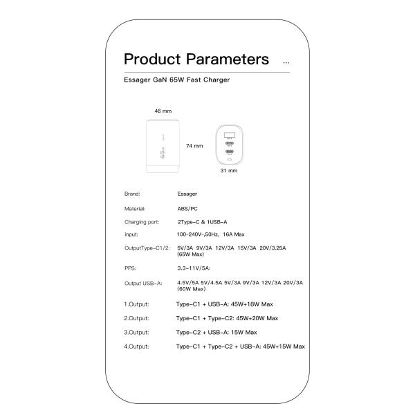 Travel GaN PD Wall Charger 65w 3 USB Port USB A Type C Fast Charging
