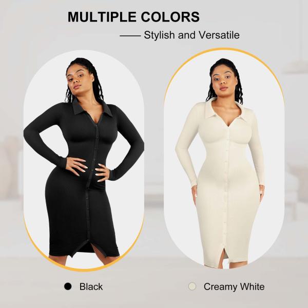 Seamless Waist Trimming Retro Long Sleeve Shirt Dress With Built In Shapewear Body Shaper For Women