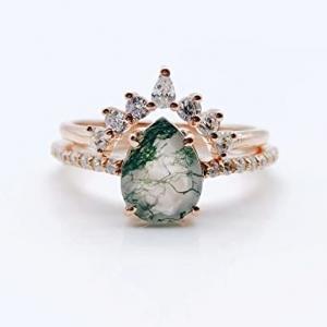 China Natural Moss Agate Ring Set For Women Pear Shaped Gold Ring  For Women on sale