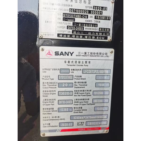 SANY Used Truck Mounted Line Pump 108-20MPa Vehicle Equipped Concrete Pump 80434CBM
