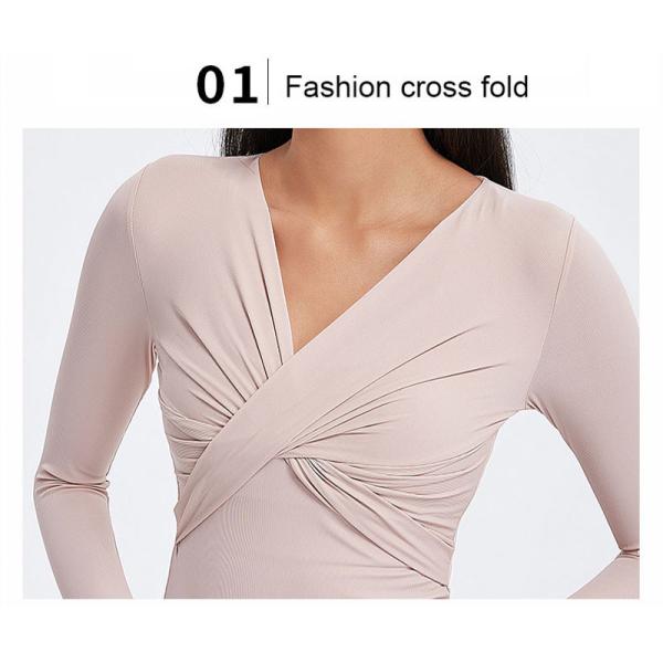 Cross Folded Ladies Yoga Tops Long Sleeve V Neck Sports Shirts With Thumb Hole