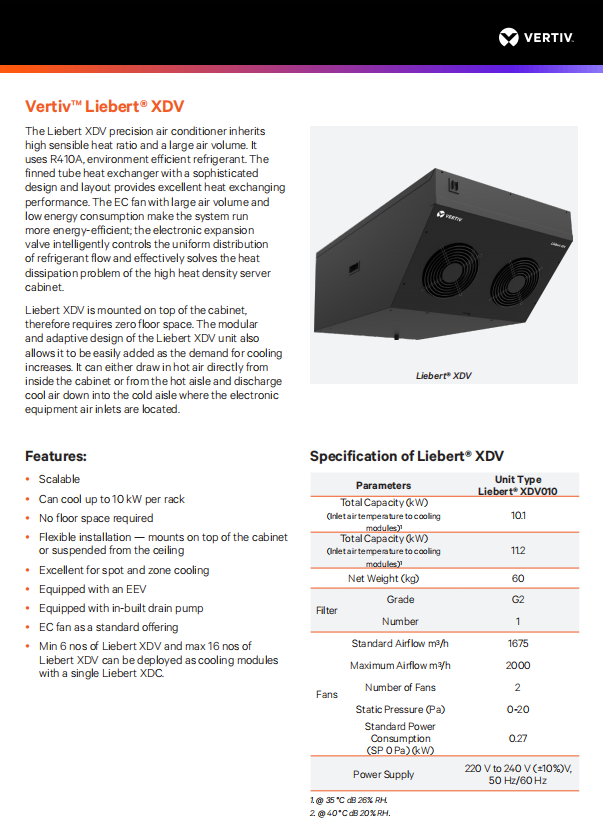 Vertiv Liebert XDC Precision Air Conditioner with R-410A Refrigerant and 1945*600*1100MM Dimensions for High-Density Cooling