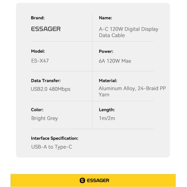 Xiaomi Redmi 120W Type C Charging Cable USB A To USB C ESSAGER ES-X47