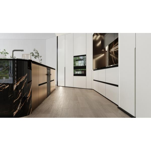 Luxury SS Modern Kitchen Cabinet With Multifunctional Curved Metallic Gold Island