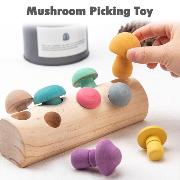Kids Wooden Mushroom Picking Toys Rainbow Blocks DIY 3D